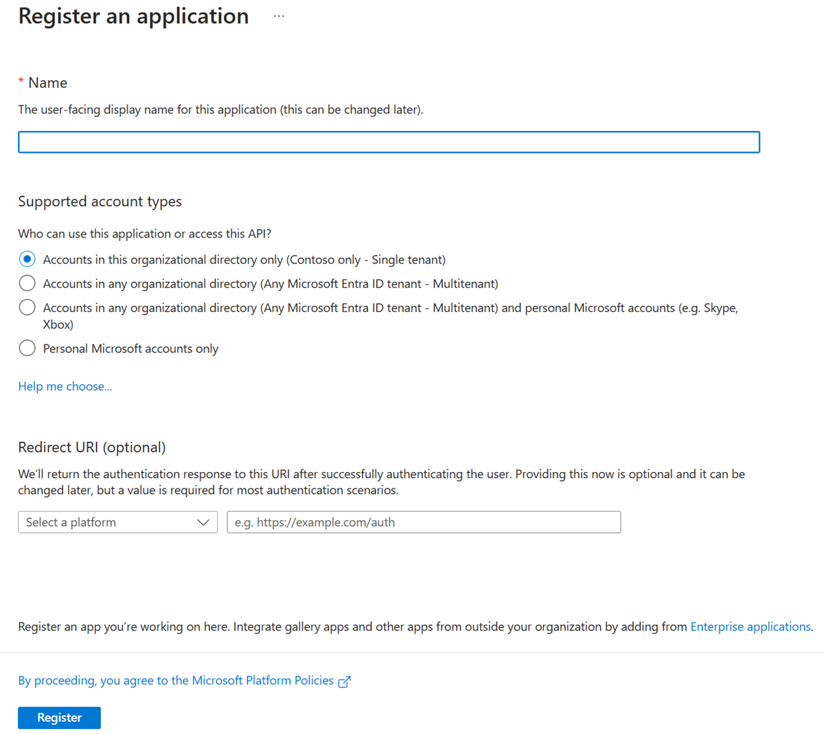 Capture d’écran montrant la page de création de l’inscription d’application dans le Centre d’administration Microsoft Entra.