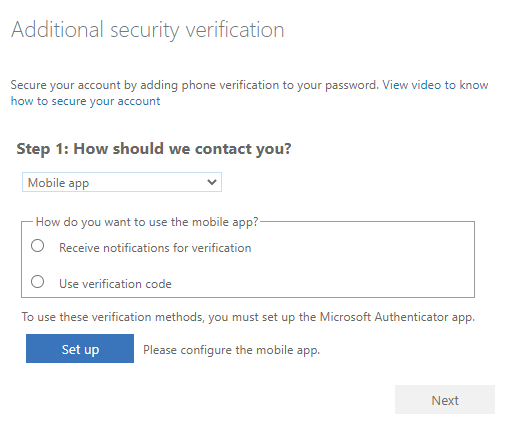 Invite indiquant « Vérification de sécurité supplémentaire ». Il s’agit d’une invite à configurer une méthode d’authentification multifacteur pour cet utilisateur. Vous pouvez choisir comme méthode un téléphone d’authentification, un téléphone de bureau ou une application mobile.