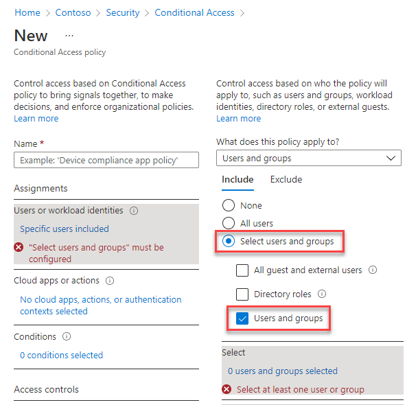 Capture d’écran de la page pour la création d’une stratégie, dans laquelle vous sélectionnez des options pour spécifier des utilisateurs et des groupes.