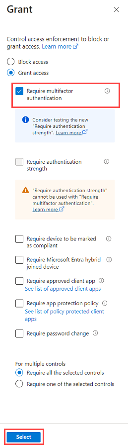 Capture d’écran des options permettant d’accorder l’accès, dans laquelle vous sélectionnez « Exiger une authentification multifacteur ».