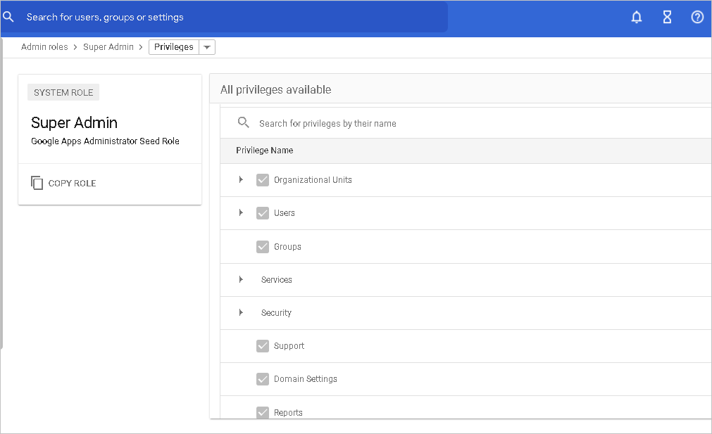Privilèges d’administrateur G Suite