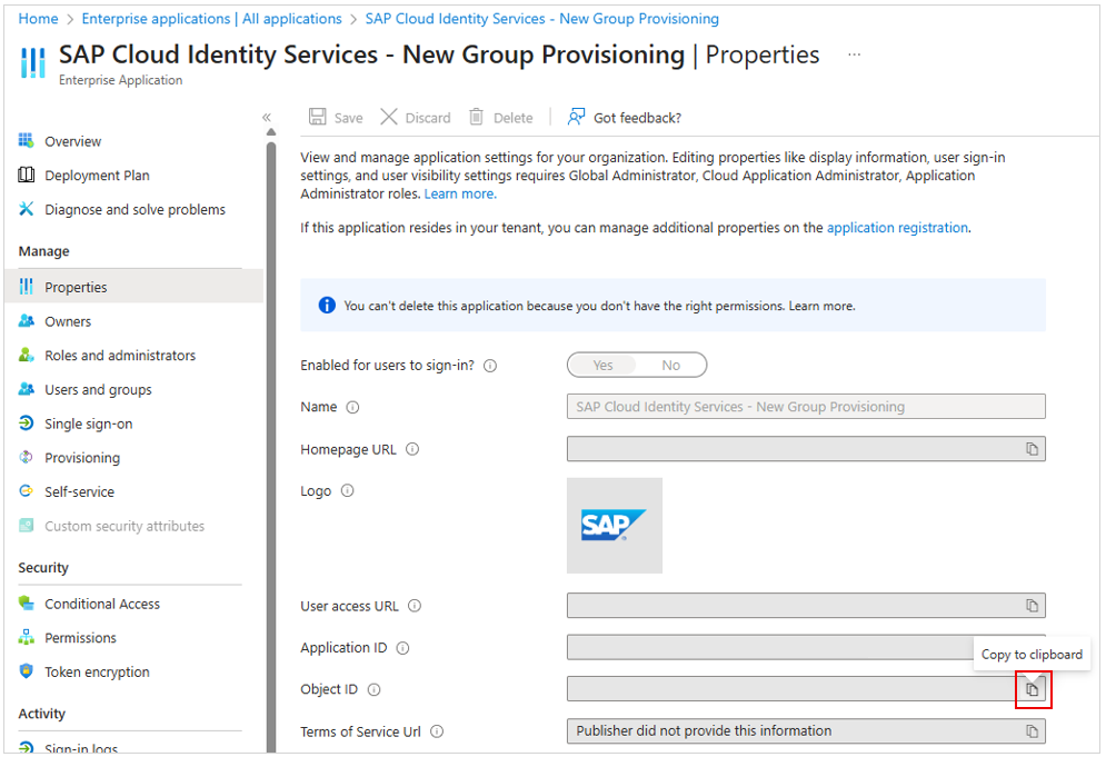 Capture d’écran de l’emplacement où copier l’ID d’objet dans le panneau Propriétés du connecteur SAP Cloud Identity Services.
