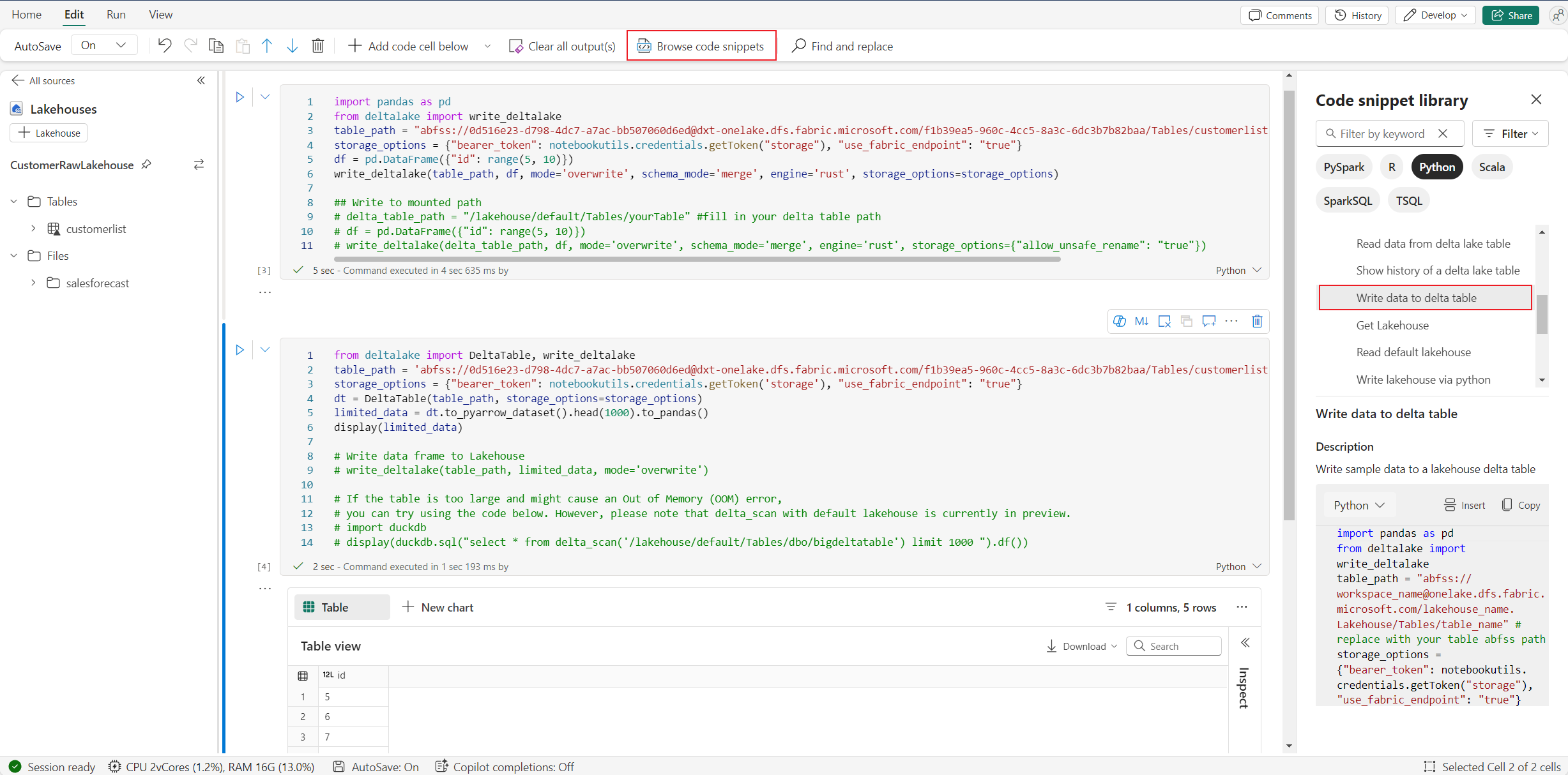 Capture d’écran montrant l’opération d’écriture de lakehouse.