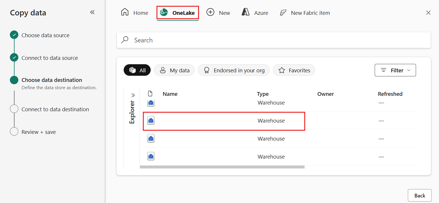 Capture d’écran montrant la sélection de la destination de l’entrepôt.