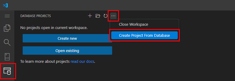 Screenshot à partir de Visual Studio Code affichant l’option Créer un projet à partir de l’option Base de données.