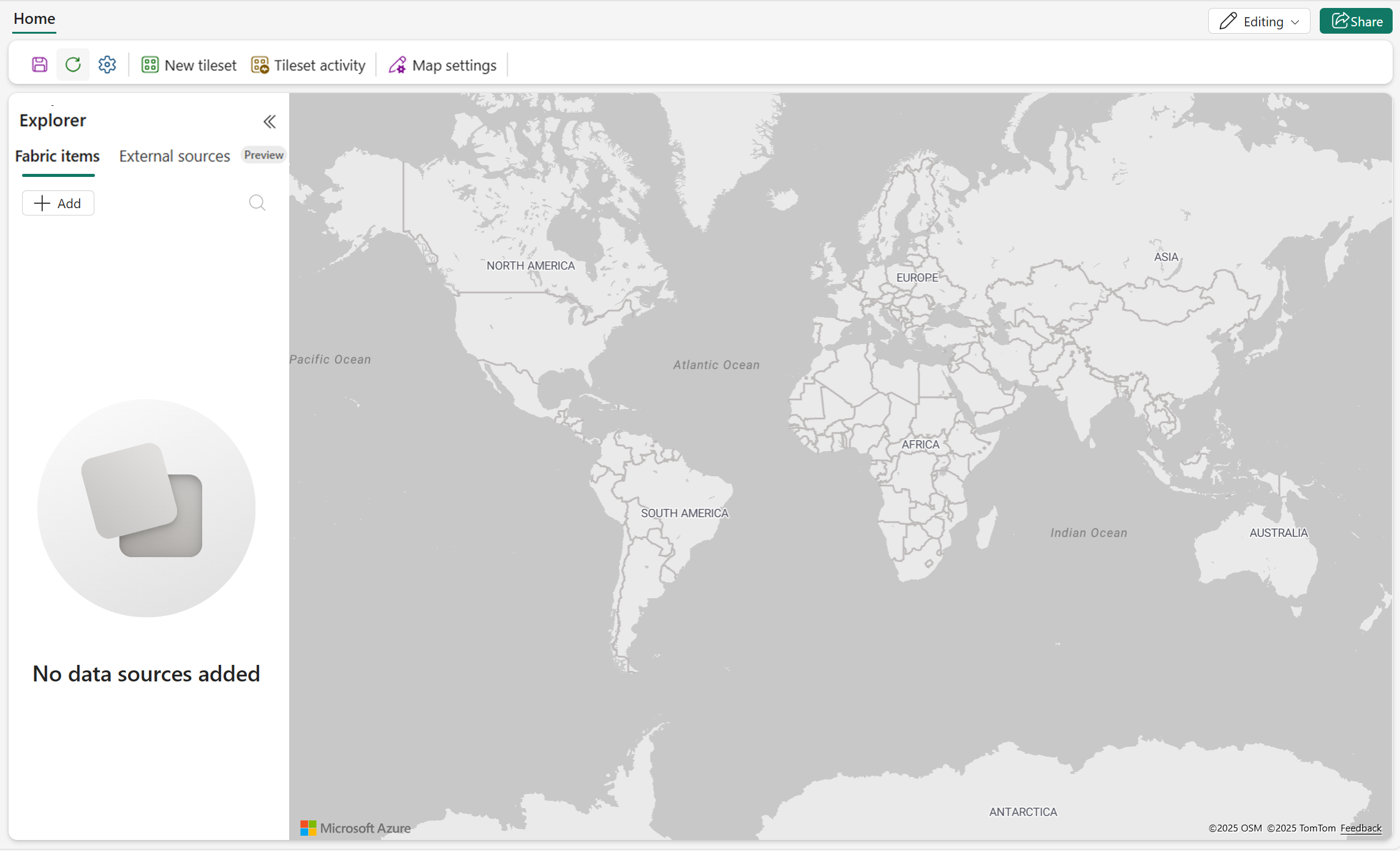 Capture d’écran d’un éditeur de carte nouvellement créé dans Microsoft Fabric, montrant un canevas de carte vide.