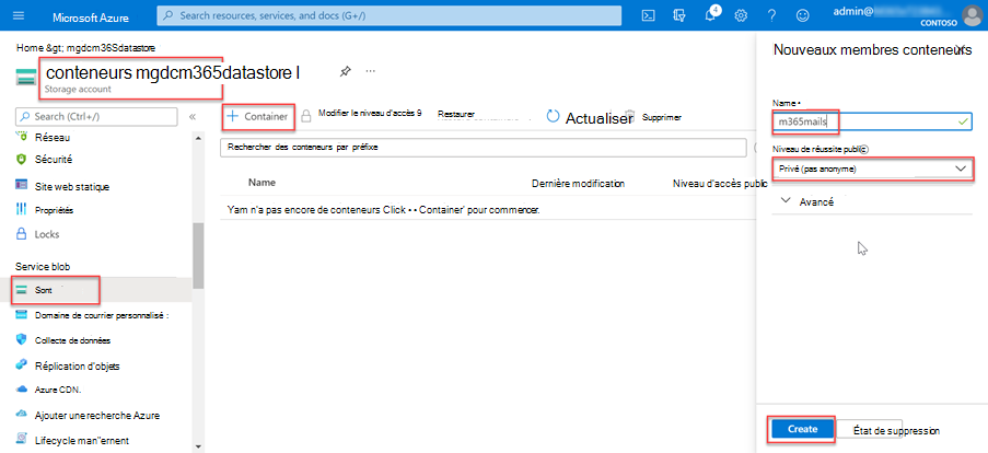 Capture d’écran montrant la création d’un conteneur appelé m365mails dans les conteneurs d’objets blob de compte de stockage dans le Portail Azure.