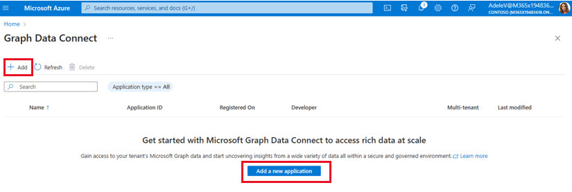 Capture d’écran montrant la Portail Azure Data Factory pour créer une application.