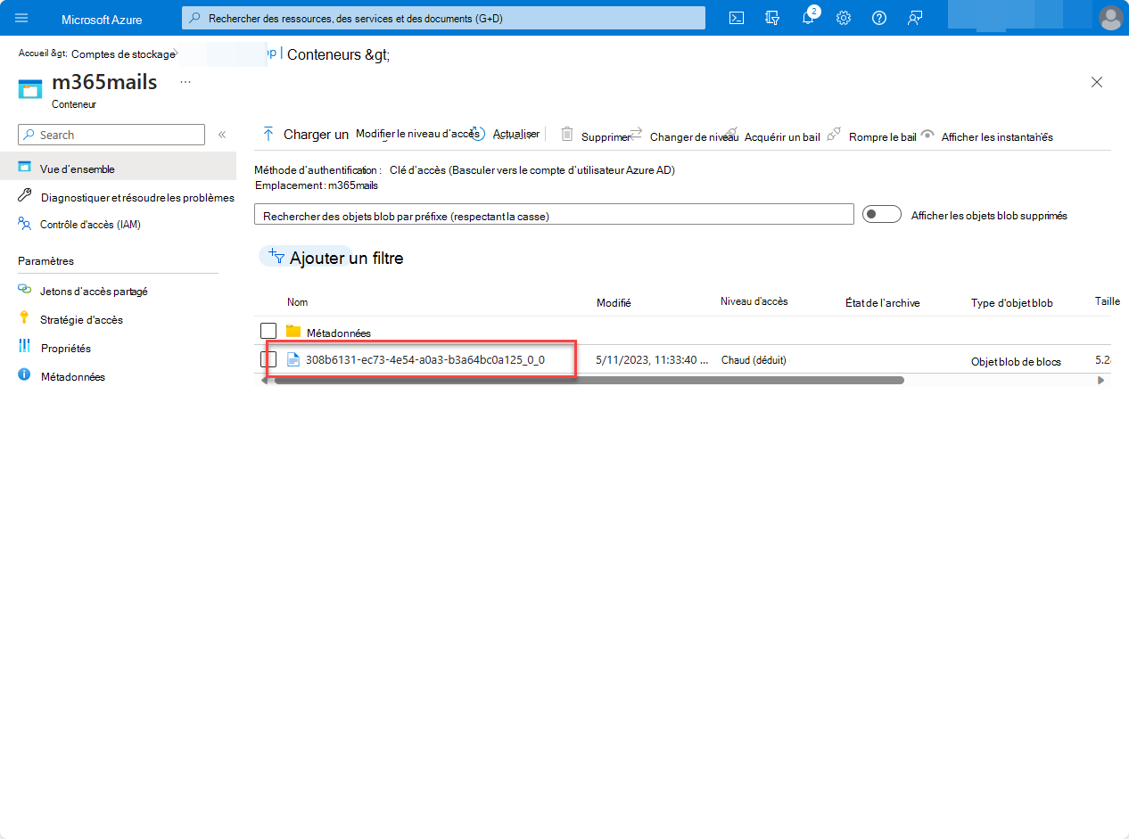 Capture d’écran de l’interface utilisateur Portail Azure montrant le fichier nouvellement créé dans le conteneur Azure Storage.