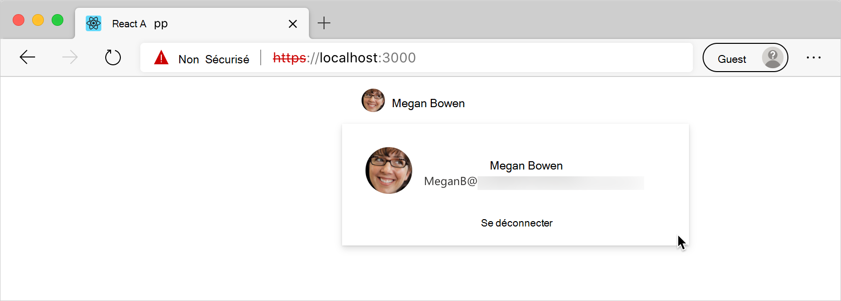 React’application affichant les informations utilisateur récupérées à partir de Microsoft 365 à l’aide du Kit de ressources Microsoft Graph