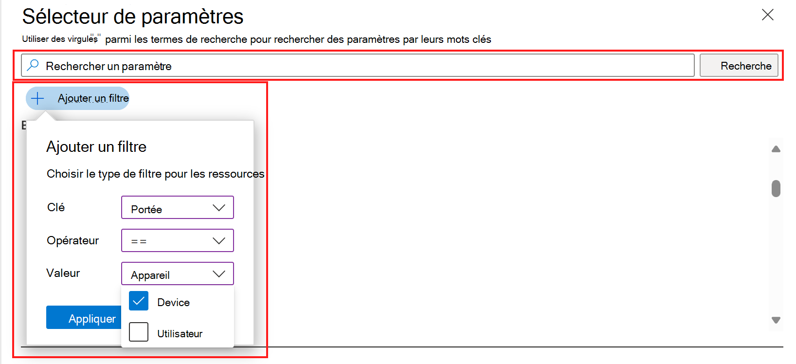 Capture d’écran montrant comment filtrer et rechercher dans le sélecteur de paramètres du catalogue de paramètres dans Microsoft Intune.