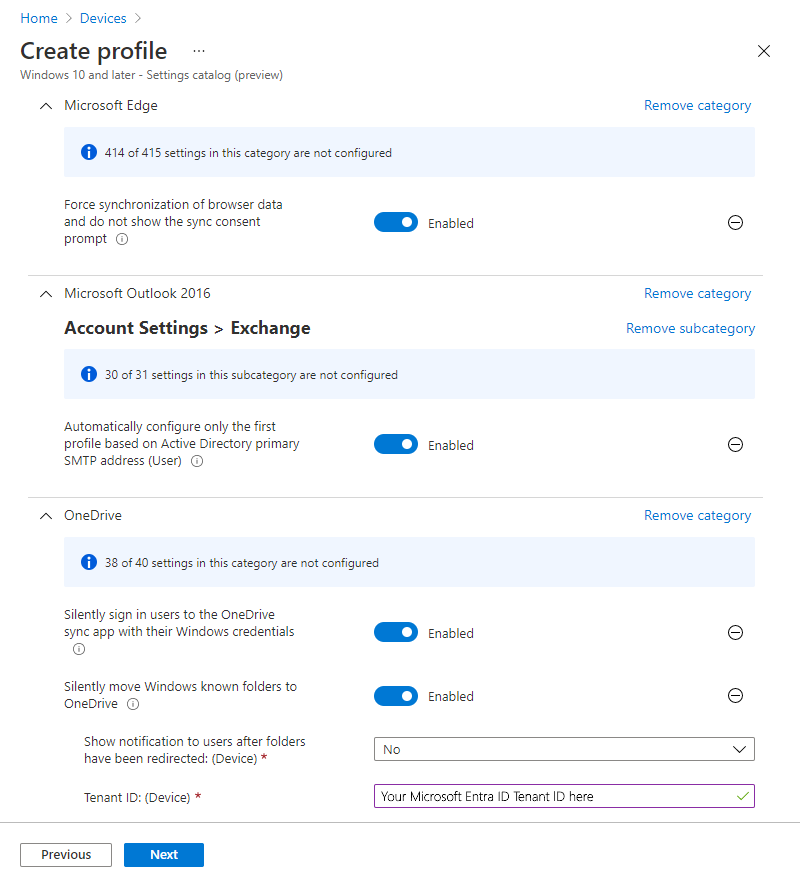 Capture d’écran montrant un exemple de profil de catalogue de paramètres dans Microsoft Intune.