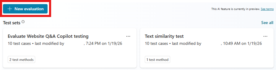 Capture d’écran montrant le bouton Créer un nouveau test sur la page Évaluation.