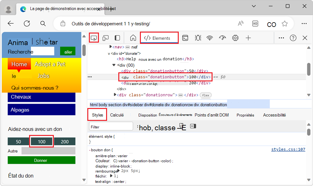 Bouton Don sélectionné dans l’outil Éléments