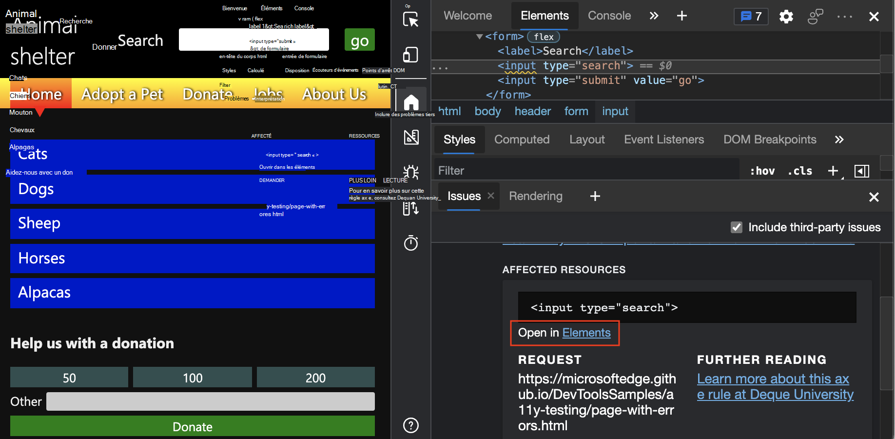 Outil Éléments affichant le code HTML problématique après avoir cliqué sur le lien dans l’outil Problèmes
