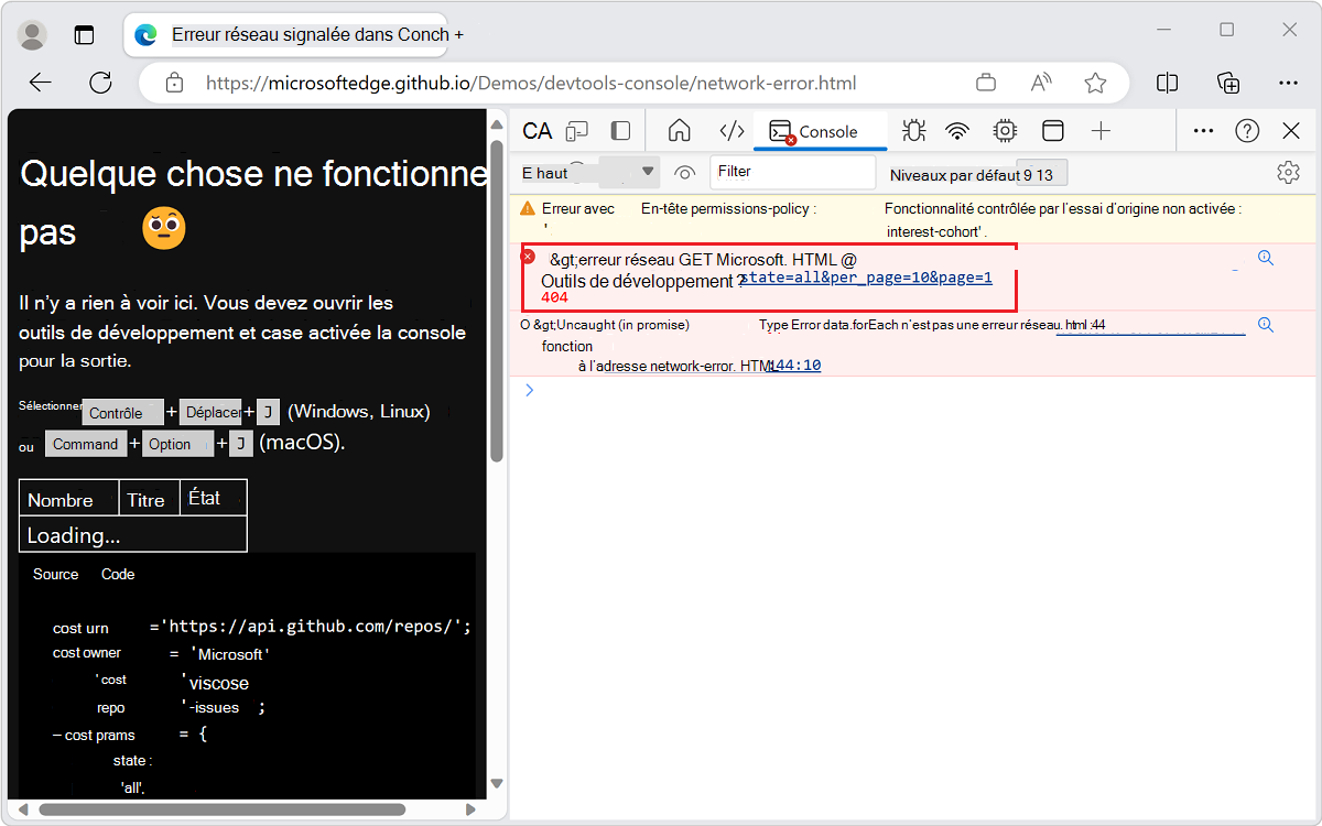 La console affiche un code status HTTP de l’erreur après qu’une ressource n’est pas chargée