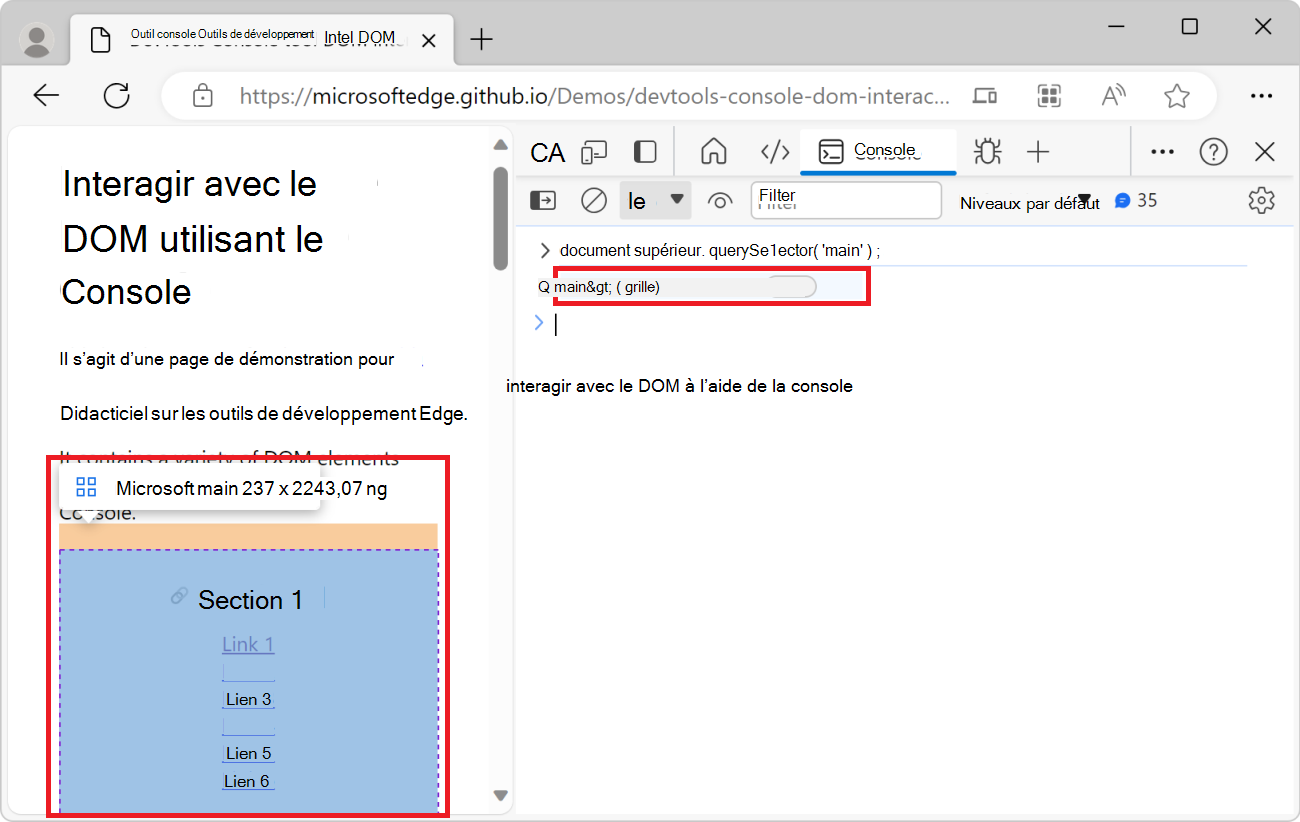 L’élément principal, mis en surbrillance dans la page web rendue