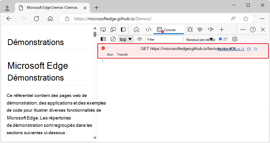 Message d’erreur réseau « 404 » dans la console