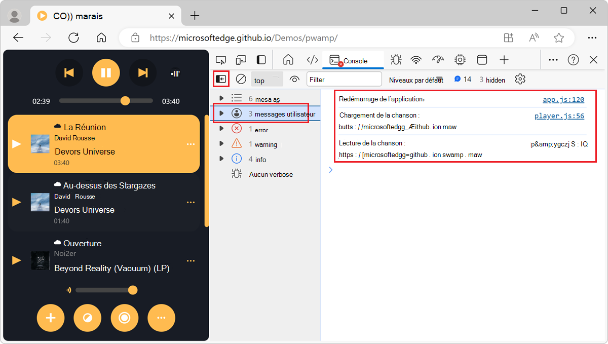 Seuls les messages utilisateur dans la console, avec la barre latérale ouverte