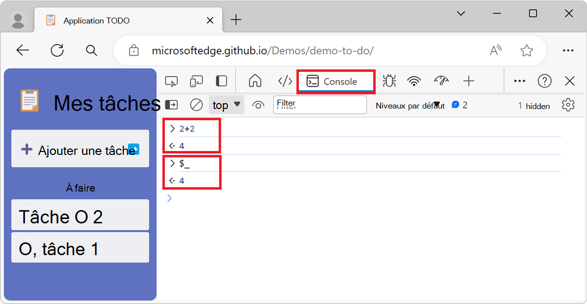 L’outil Console montrant que la variable $_ retourne le résultat de l’expression précédente