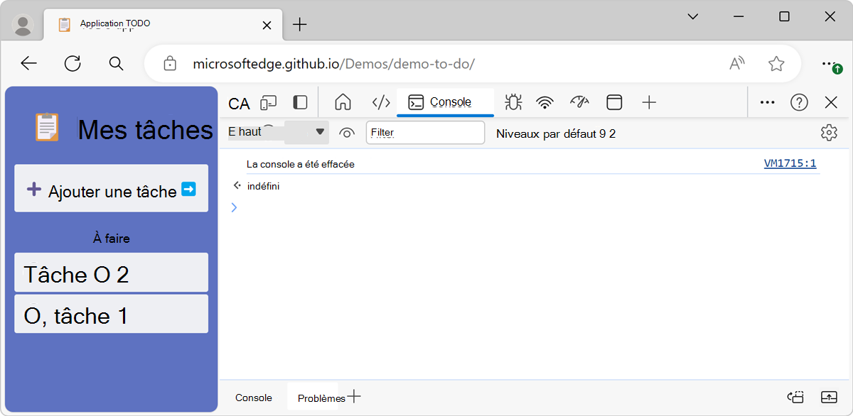 Résultat de la commande clear(), la console est vide et le message « console a été effacée » s’affiche
