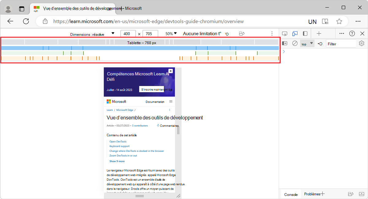 Sélectionner un point d’arrêt pour modifier la largeur de la fenêtre d’affichage