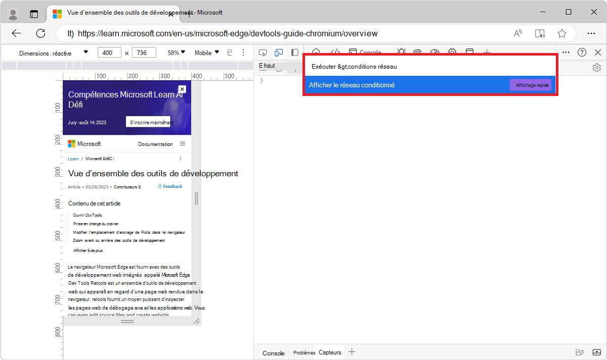 Affichage des conditions réseau