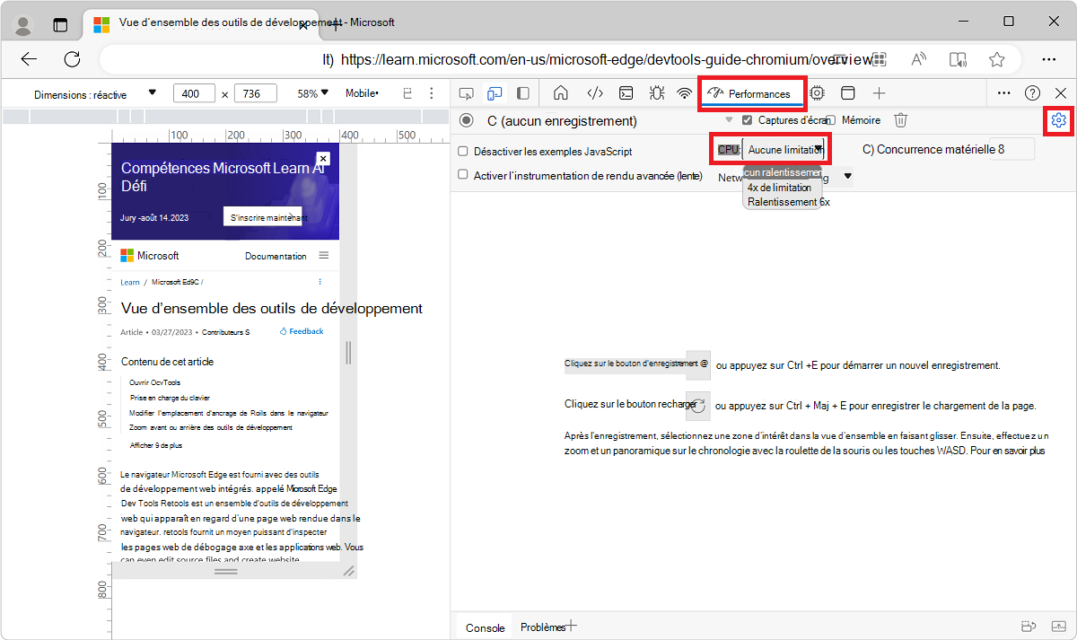 Définition de la limitation réseau à partir de l’outil Performances