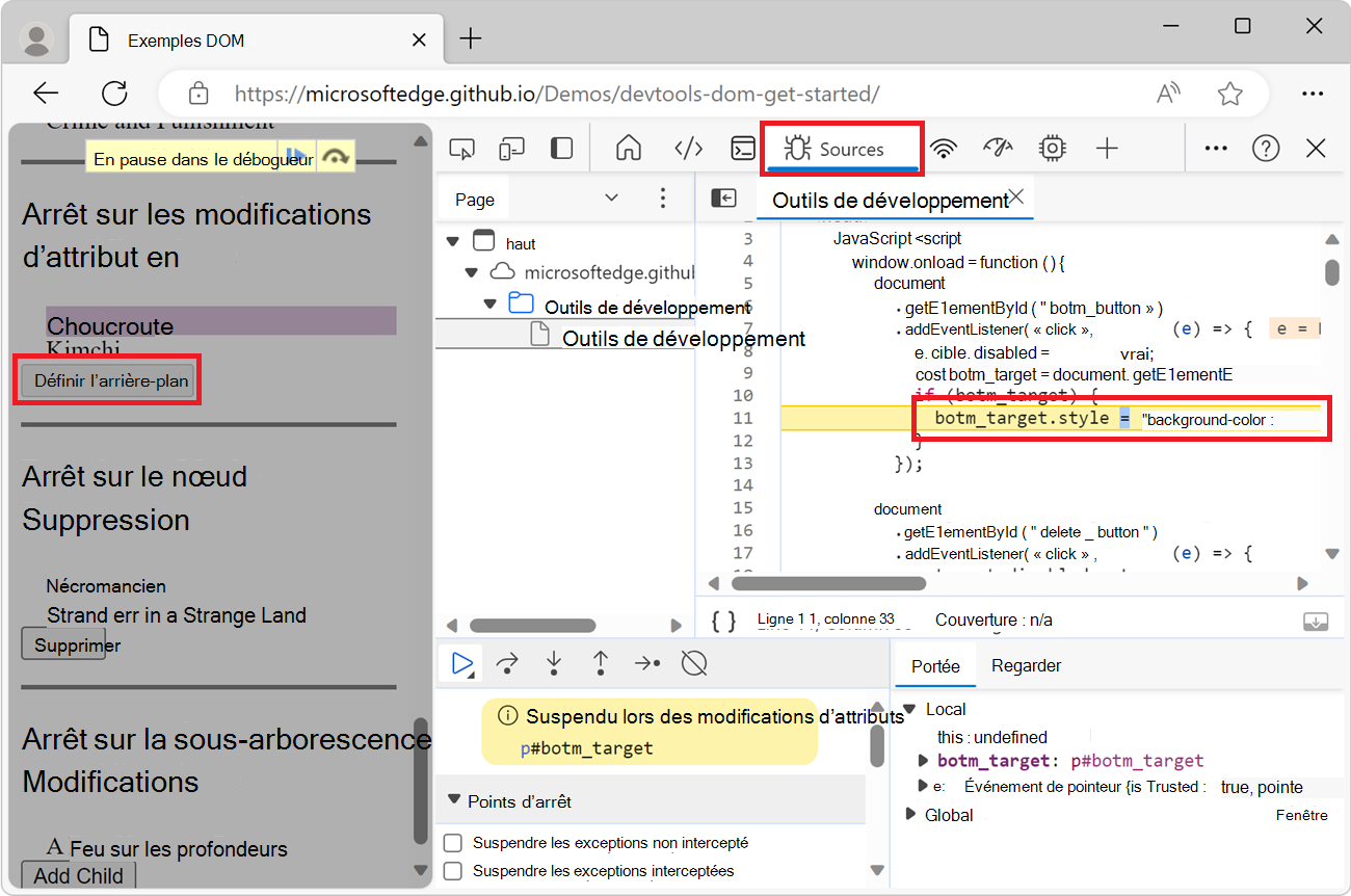 Outil Sources affichant la ligne de code qui a provoqué la modification de l’attribut