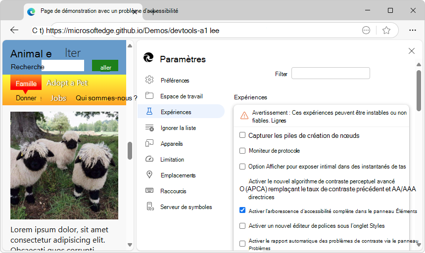 Page Expériences dans Paramètres