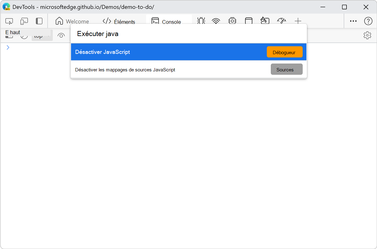 Sélectionnez « Désactiver JavaScript » dans le menu commandes