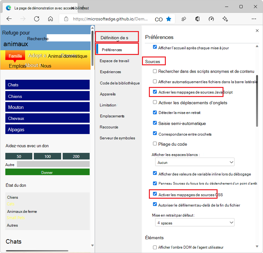 La section Sources de la page Préférences avec les cases « Activer les mappages de sources » cochées