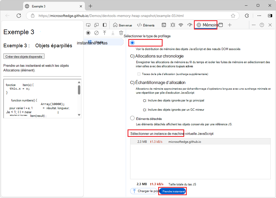 L’outil Mémoire, l’option Instantané tas est sélectionnée et le bouton Prendre instantané est mis en surbrillance