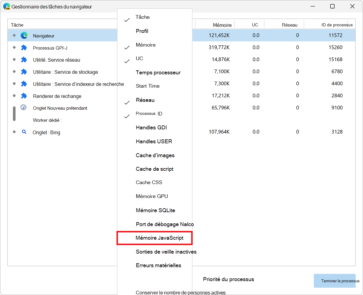 Activation de la mémoire JavaScript