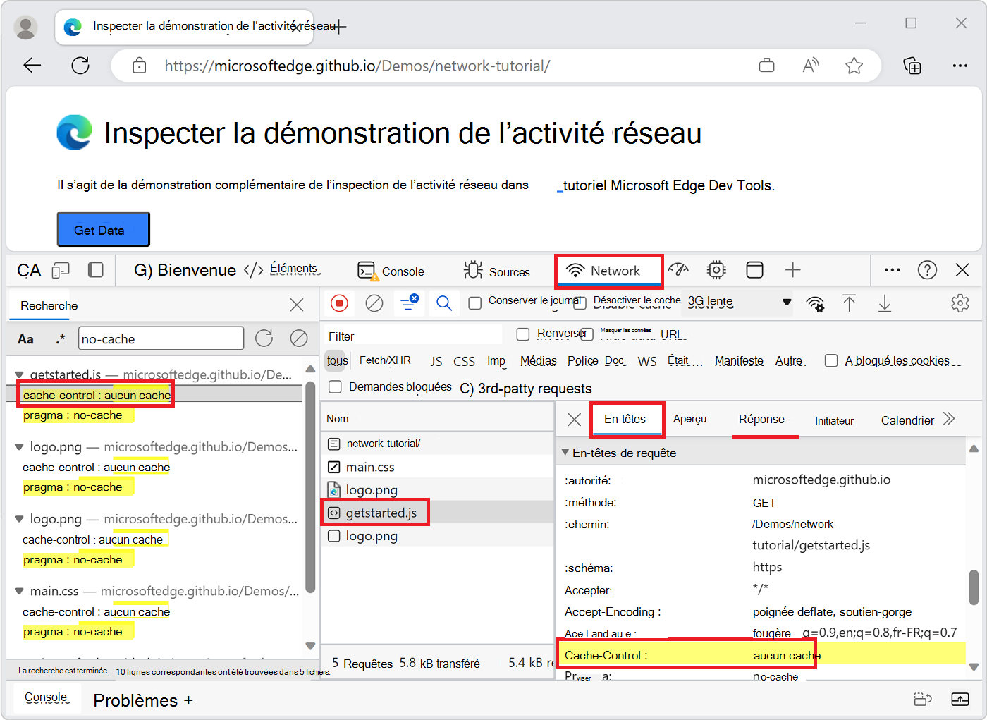 Résultat de la recherche mis en surbrillance dans le panneau En-têtes