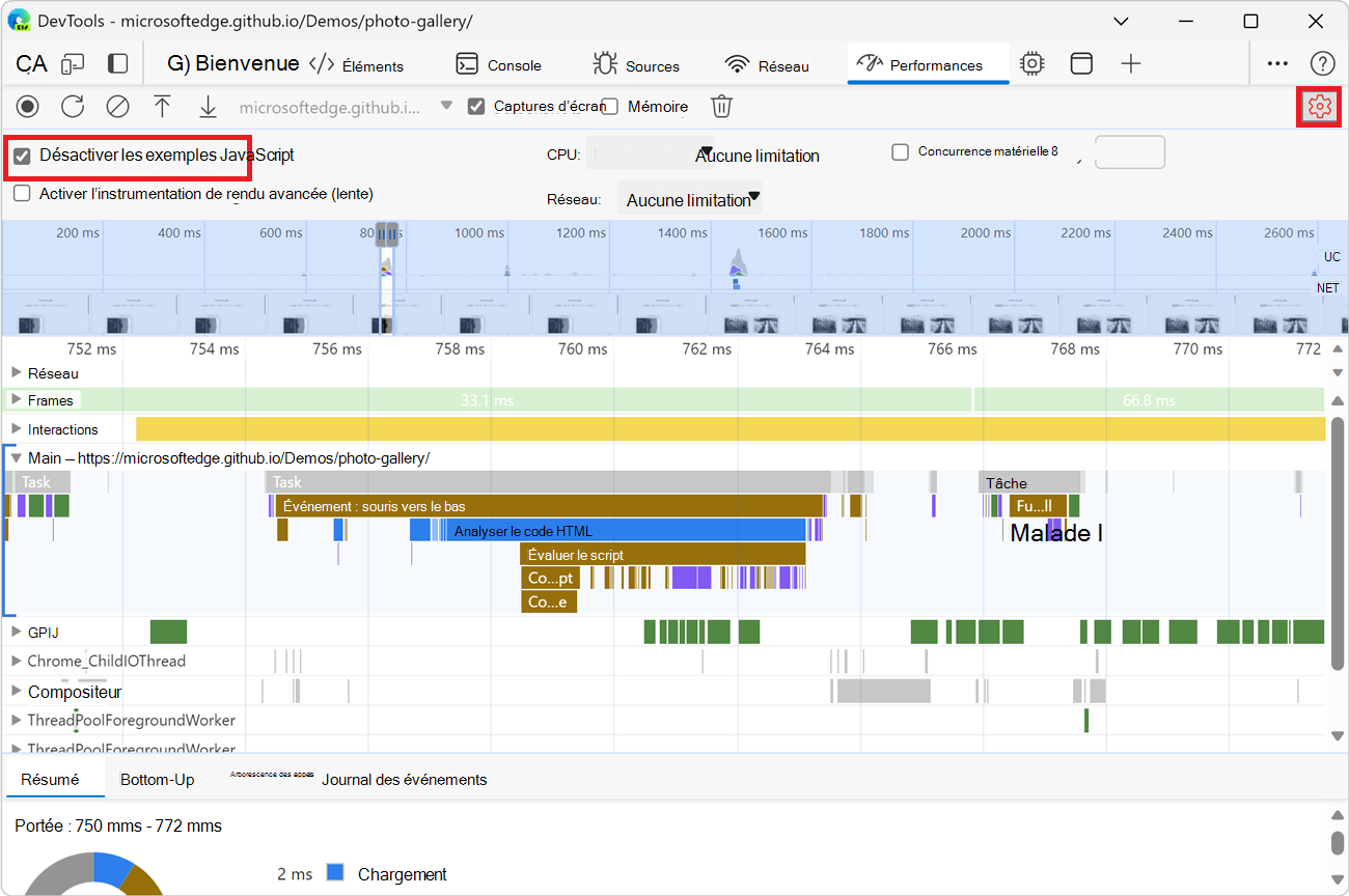 Exemple d’enregistrement lorsque les exemples JS sont désactivés.