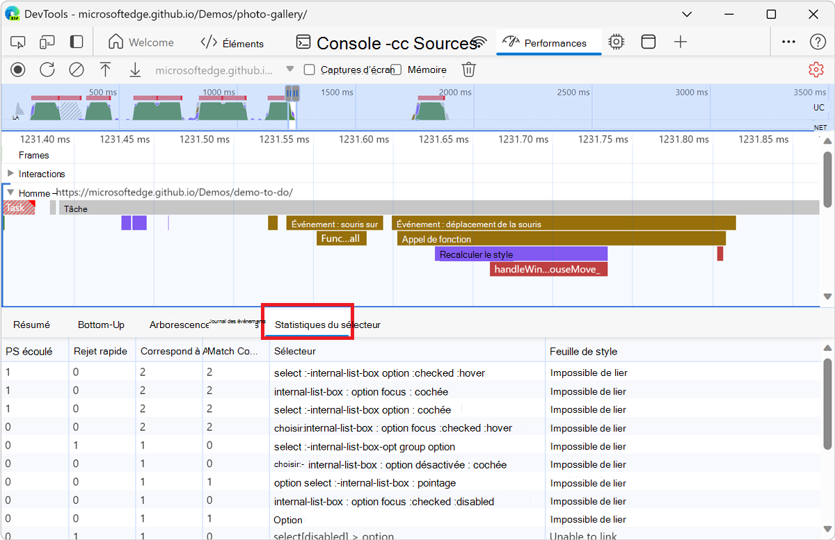 Onglet Statistiques du sélecteur