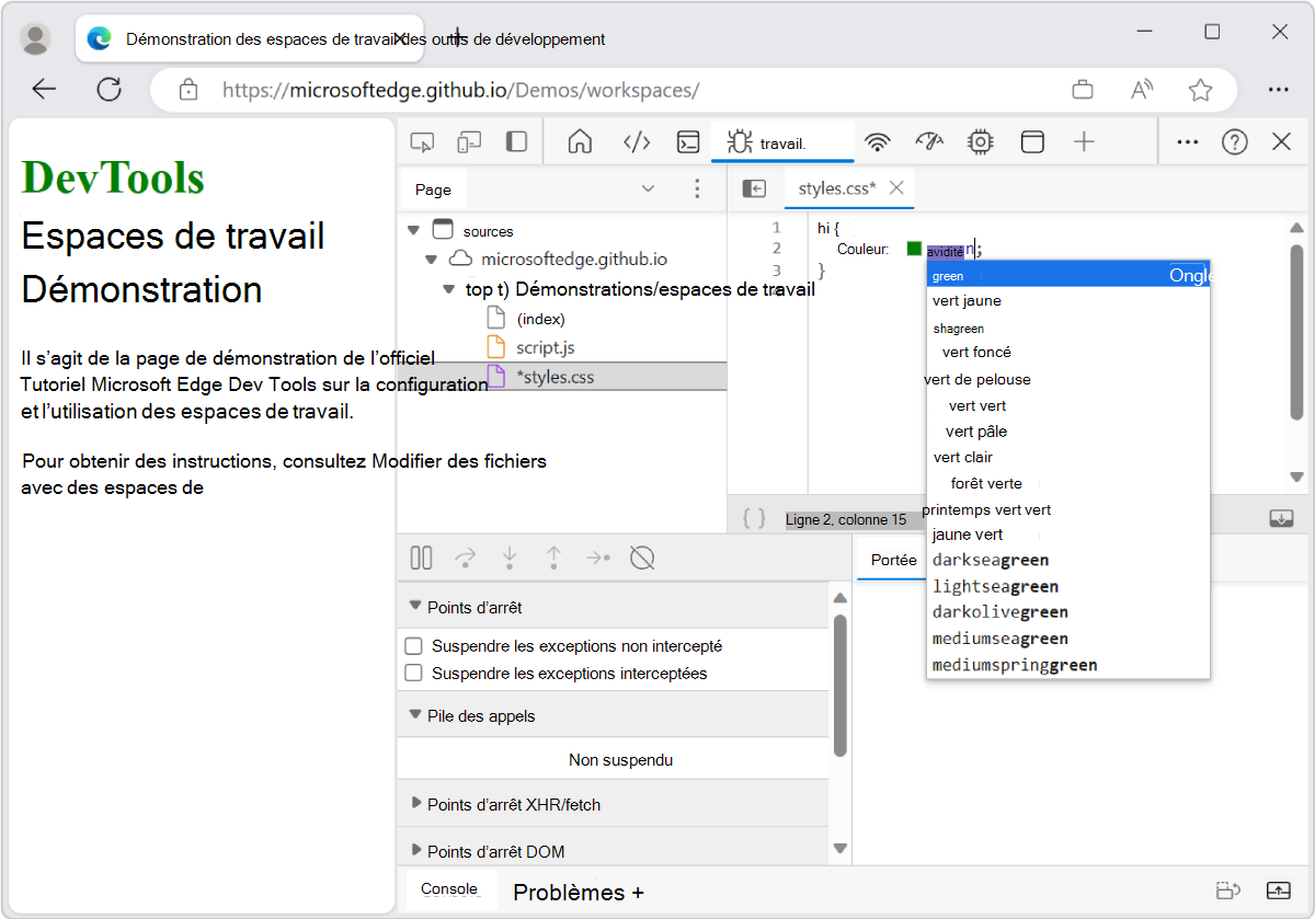 Modifier css dans le volet Éditeur pour modifier la couleur du texte de l’en-tête H1 en vert