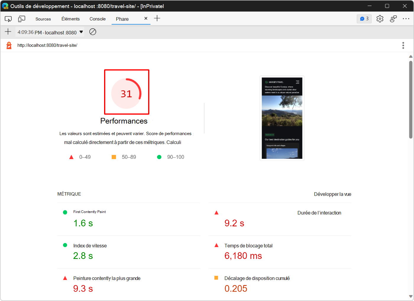 Rapport de l’outil Lighthouse montrant un meilleur score après les modifications