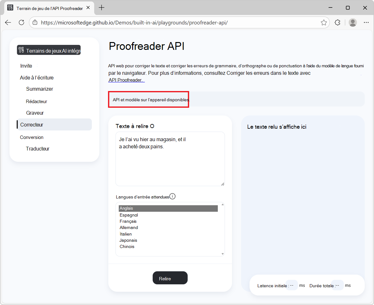 Bannière d’informations montrant le message : API sur l’appareil et modèle prêt.