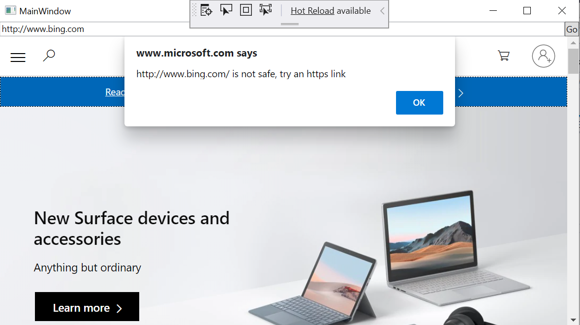 Message montrant qu’une URL http&nbsp;: n’est pas sécurisée et recommande d’essayer une URL https&nbsp;: à la place
