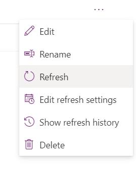 Capture d’écran du menu contextuel dataflows avec l’option d’actualisation pour exécuter manuellement un dataflow.