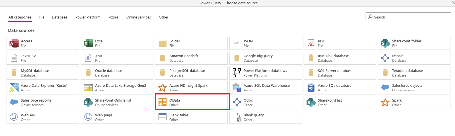 Capture d’écran de la page de sélection de la source de données avec le connecteur OData mis en surbrillance.