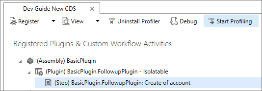 Capture d’écran d’une étape de plug-in sélectionnée dans l’outil d’enregistrement de plug-in avec la commande Démarrer le profilage disponible.