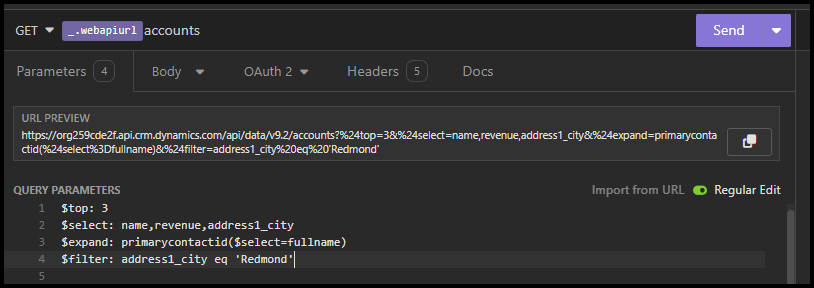 Capture d’écran d’Insomnie montrant une requête configurée qui récupère les enregistrements de compte à partir de Dataverse.