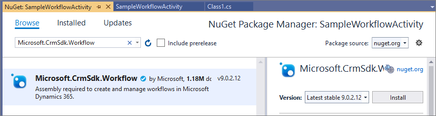 Installez le package NuGet du flux de travail Microsoft.CrmSdk.Workflow.