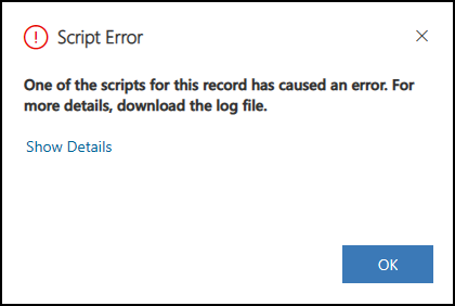 Capture d’écran d’une boîte de dialogue d’erreur de script montrant les informations de débogage JavaScript dans les applications basées sur des modèles.