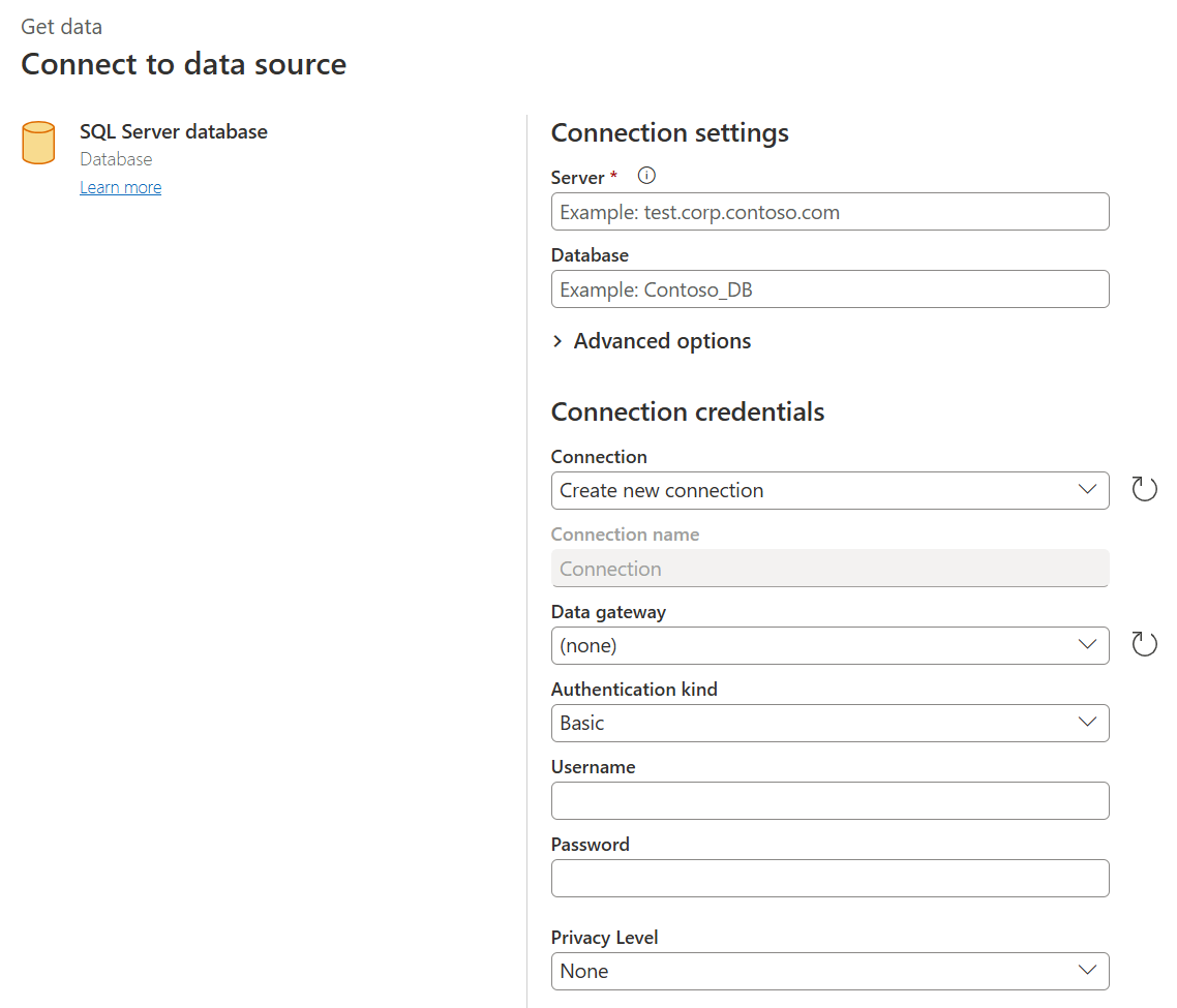 Capture d’écran du générateur de connexions de base de données SQL Server dans Power Query Online.