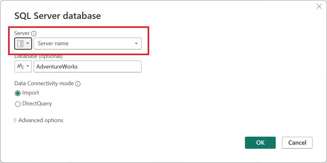 Capture d’écran de la boîte de dialogue base de données SQL Server avec un paramètre défini pour le nom du serveur.