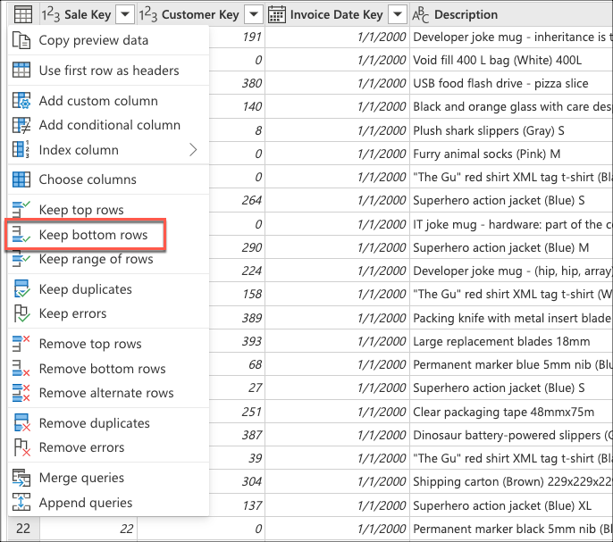 Capture d’écran du menu contextuel du tableau dans lequel vous sélectionnez l’option Conserver les lignes inférieures.